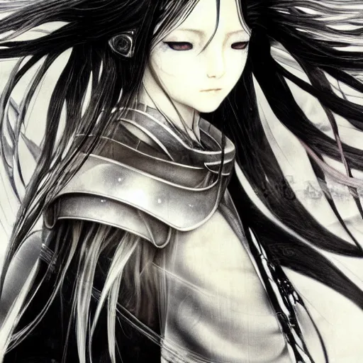 Image similar to yoshitaka amano blurred and dreamy illustration of an anime girl with black eyes, wavy white hair and cracks on her face wearing elden ring armour with the cape fluttering in the wind, abstract black and white patterns on the background, noisy film grain effect, highly detailed, renaissance oil painting, weird portrait angle