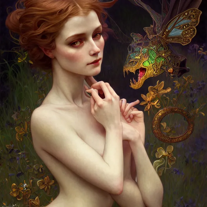 Image similar to Lyra and her dæmon, LSD, diffuse lighting, fantasy, intricate, elegant, highly detailed, lifelike, photorealistic, digital painting, artstation, illustration, concept art, smooth, sharp focus, art by John Collier and Albert Aublet and Krenz Cushart and Artem Demura and Alphonse Mucha