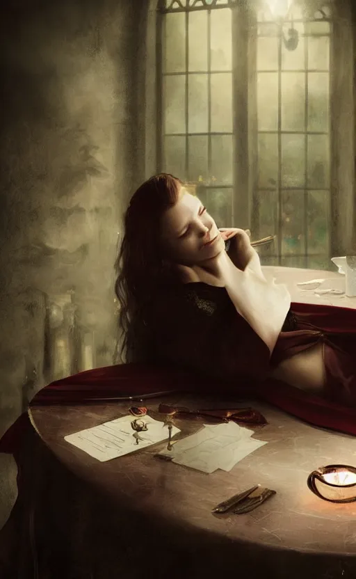 Image similar to a beautiful lady vampire falling asleep at a table, cinematic, art, epic, digital masterpiece, romantic lighting