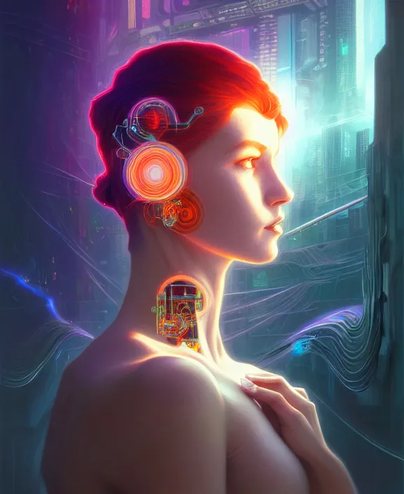 Image similar to a whirlwind of souls rushing inside the metaverse, hologram, half body, neurochip, shaved temple, piercing, jewelry, android, cyborg, cyberpunk face, by loish, d & d, fantasy, intricate, elegant, highly detailed, colorful, digital painting, artstation, concept art, art by artgerm and greg rutkowski and alphonse mucha