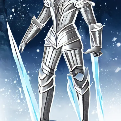 Prompt: full shot of knight inspired by Saint Seiya, wearing ice Armor, frozen scène.