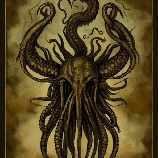 Prompt: in his house at r'lyeh dead cthulhu waits dreaming, divinity, awful, religious art