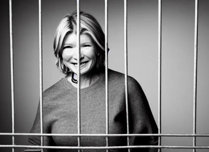 Image similar to photo still of martha stewart!!!!!!!! at age 4 6 years old 4 6 years of age!!!!!!!! in a prison cell behind bars, 8 k, 8 5 mm f 1. 8, studio lighting, rim light, right side key light