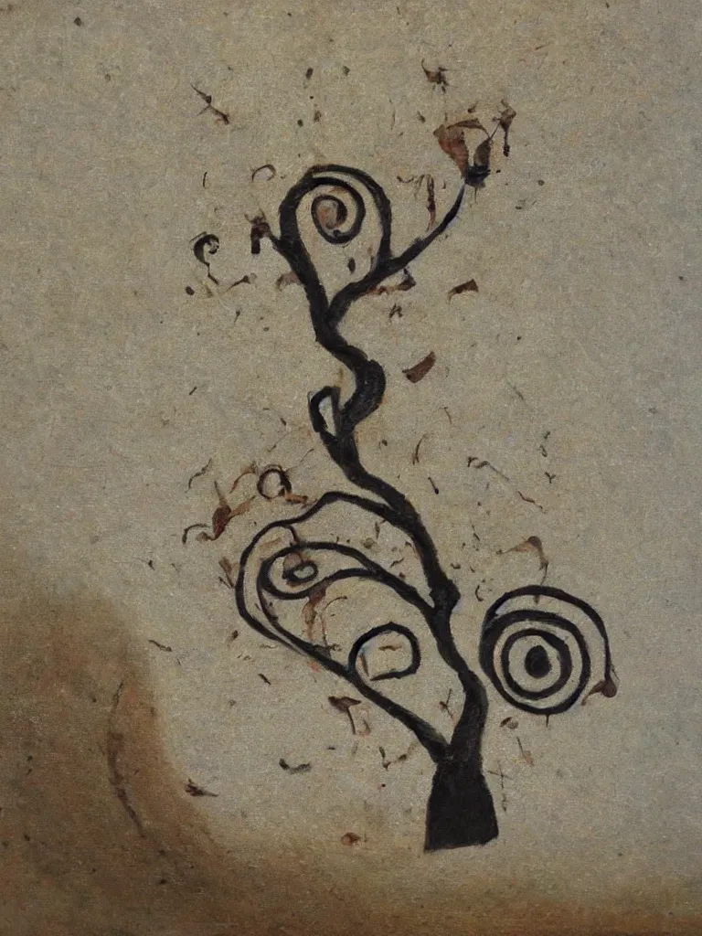 Image similar to an oil painting of an acorn that turns into a tree in the shape of a treble clef with a few scars on the tree, dark and brooding