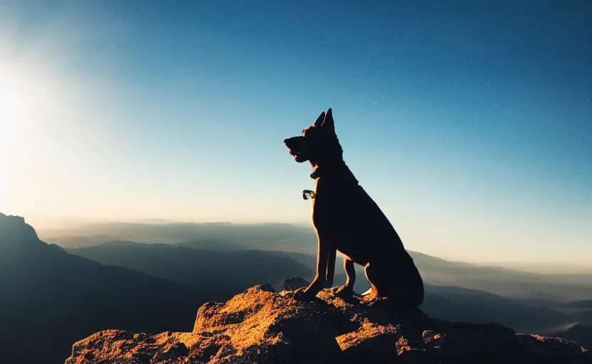 Image similar to movie still of a dog standing on top of a mountain, silhouette, natural light, cinematic lighting, 8 k