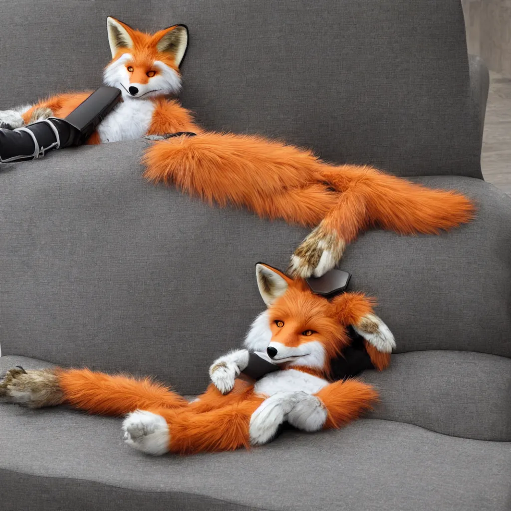 Image similar to anthropomorphic furry anthro fox lounging in a futuristic hotel