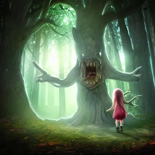 Prompt: a dark fantasy drawing of a wild child finding an old tree person in enchanted dark forest, cinematic, volumetric light