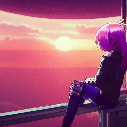Prompt: android mechanical cyborg anime girl child overlooking overcrowded urban dystopia sitting. Pastel pink clouds baby blue sky. Gigantic future city. Raining. Makoto Shinkai. Wide angle. Distant shot. Purple sunset. Sunset ocean reflection. Pink hair. Pink and white hoodie. Cyberpunk. featured on artstation. cyborg circular knee with wires hanging out.