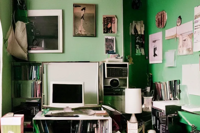 Prompt: apartment organization inspo green and fluffy, frog themed, in 2 0 5 5, y 2 k cybercore, bright - light photography, bathed in the glow of a crt monitor, still from a wes anderson movie