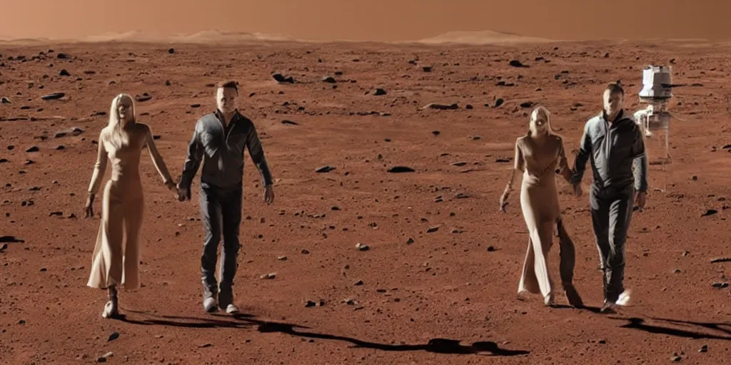 Prompt: elon musk and margot robbie holding hands on mars, highly detailed, hyper realistic