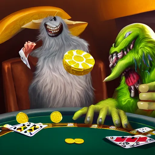 Image similar to Monster lemons play poker, artstation