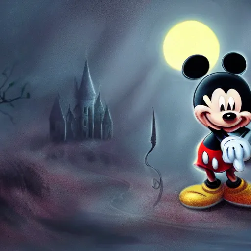 Image similar to mickey mouse shying away, idly and [ visibly afraid ]!!!, [ horror game ], [ digital art ]!!, dark fantasy art style, 4 k quality