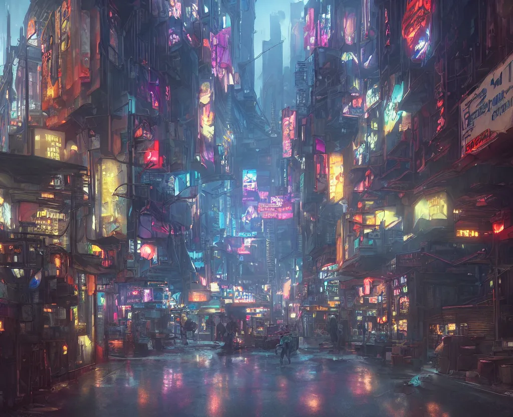 Image similar to Close wide angle shot of a matte painting environment design of future city alley with neon lights and advertisements, artstation, ultra realistic, volumetric lighting, 8k, unreal engine, octane render, art by Artgerm and Greg Rutkowski and Alphonse Mucha and Yoji Shinkawa