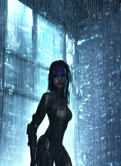 Prompt: cyberpunk woman, raining, in an alley at night, back lit, face visible and lit, by webang111 and WLOP, trending on artstation, 8k, Intricate, Unreal Engine