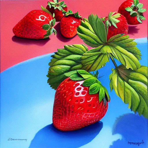 Image similar to a surreal oil painting of a strawberry plant with giant strawberrys, album cover, bright colors