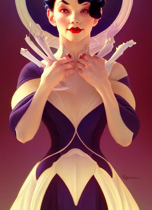 Prompt: disney snow white as a villain, intricate, elegant, highly detailed, my rendition, digital painting, artstation, concept art, smooth, sharp focus, illustration, art by artgerm and greg rutkowski and alphonse mucha and uang guangjian and gil elvgren and sachin teng, symmetry!!