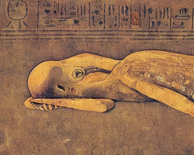 Image similar to An alien falling asleep in Ancient Egypt, Realistic photograph