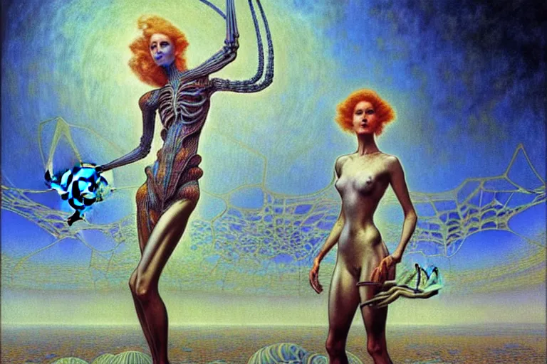 Image similar to realistic extremely detailed portrait painting of a fully dressed woman with a giant spider, futuristic sci-fi landscape on background by Jean Delville, Amano, Yves Tanguy, Alphonse Mucha, Ernst Haeckel, Edward Robert Hughes, Roger Dean, rich moody colours, blue eyes