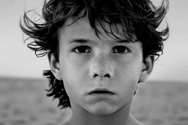 Prompt: a cinematic headshot portrait of a boy in the movie dune, in a serene vast desert, storm, dry, film still, cinematic, movie still, dramatic lighting, 1 6 : 9 ratio