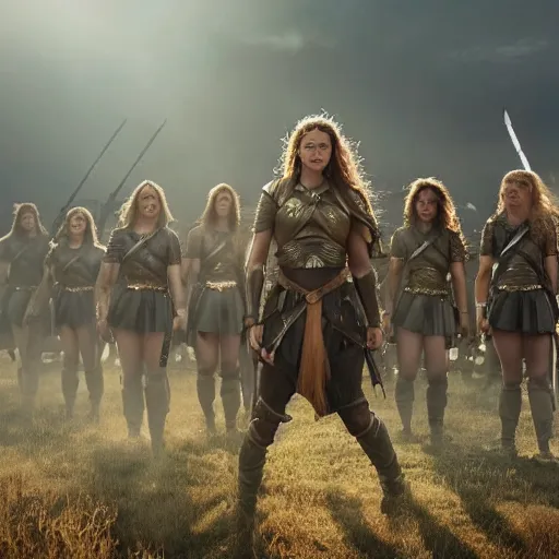 Image similar to the goddesses fraya going to war with her army of valkyries, golden hour, 8 k uhd, high detail, awe - inspiring.