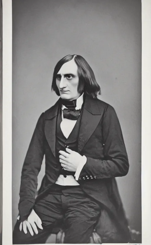 Prompt: a colour photograph of franz liszt ( 1 8 1 1 - 1 8 8 6 ) in the style of annie liebowitz