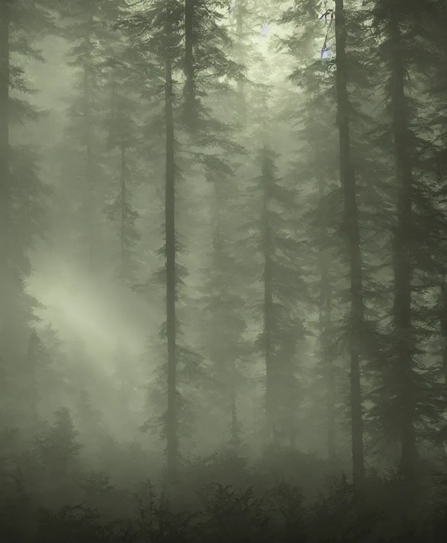 Prompt: dark forest mysterious creepy mist fog haze sunbeam matte painting concept art hyperreal ue5 unreal bob ross