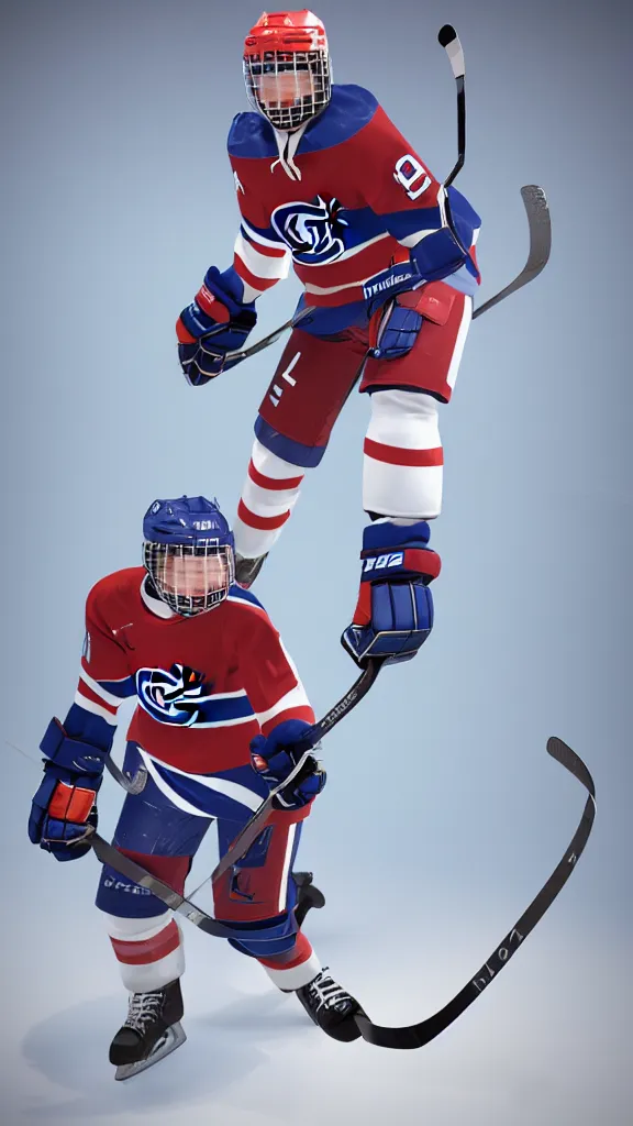 Prompt: habs, female ice hockey player, high-tek helmet, futuristic, unreal engine, lasers, 8k, artstation