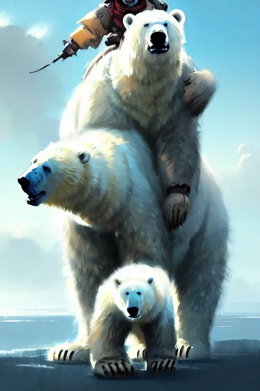 Image similar to comic book cover. giant fluffy polar bear ridden by a small girl by greg rutkowski, trending on artstation