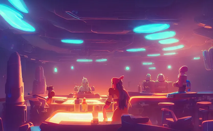 Image similar to a bounty hunter bar in a space opera studio ghibli animated film, global illumination, beautiful composition, volumetric lighting, octane render by artgerm, loish, alena aenami, highly detailed