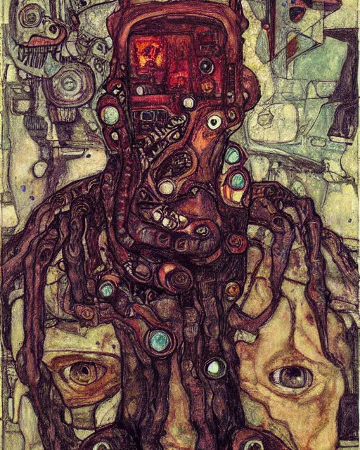 Image similar to portrait of cyberpunk cthulhu by egon schiele in the style of greg rutkowski