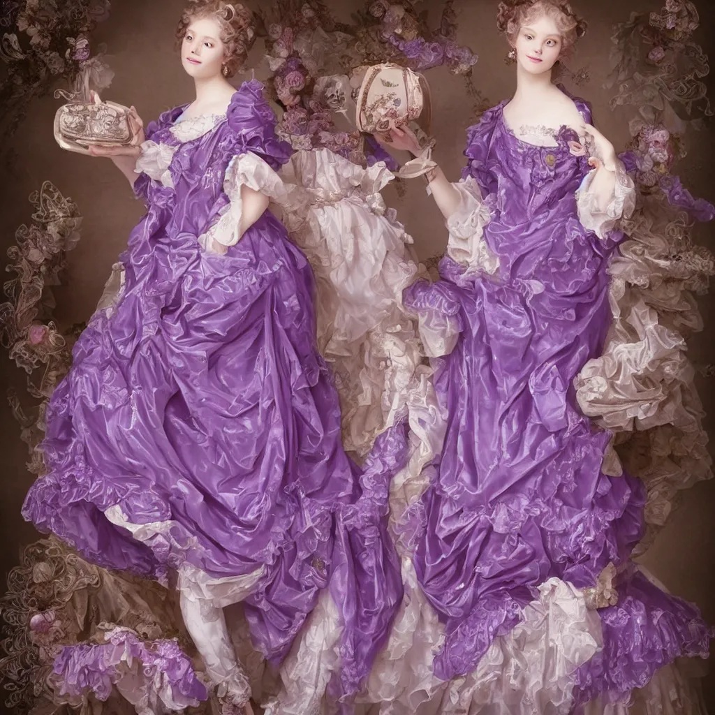 Prompt: purple dress in the style of rococo ，Victorian era，jellyfish element，dreamy, soft ,Backlight ,luminescence，highly detailed,8k