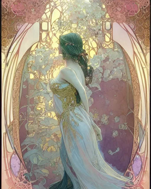 Image similar to romance | highly detailed | very intricate | art nouveau | gold filigree | romantic storybook fantasy | soft cinematic lighting | award - winning | disney concept art watercolor illustration by mandy jurgens and alphonse mucha and alena aenami | pastel color palette | featured on artstation