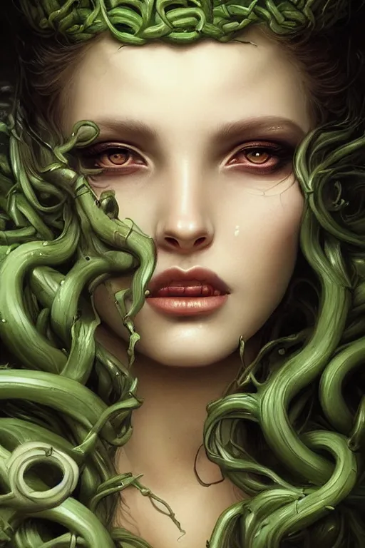 Image similar to a close - up portrait of a hauntingly beautiful medusa, painted by artgerm and tom bagshaw, fantasy art, dramatic lighting, green glows, highly detailed digital art