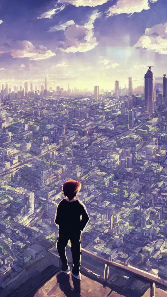 Prompt: Sad gopnik boy in black adidas looking atop of a urban plateau filled with soviet apartment buildings, golden hour, dreamy, beautiful clouds, beautiful lighting, wallpaper, cityscape, beautiful artwork by Makoto Shinkai