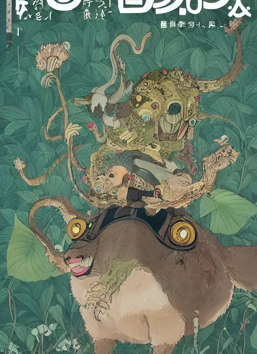 Image similar to a beautiful japanese magazine cover of a cute strange animal, illustrated by miyazaki, highly detailed, concept art, trending, poster