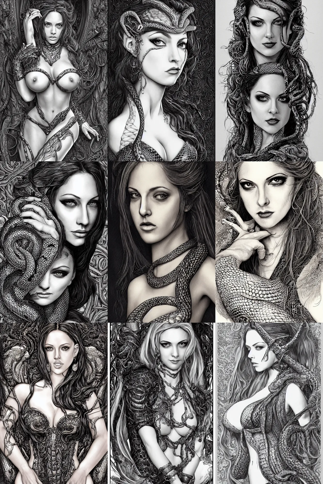 Prompt: alluring highly-detailed pen and ink illustration portrait of an attractive young female lamia (top half is a woman, bottom half is a snake) (played by a young Jenna Haze from 2003), clothed in a chesty fantasy outfit, intricate, elegant, highly detailed, digital painting, trending on Artstation, concept art, smooth, sharp focus, illustration, in the style of artgerm and greg rutkowski and alphonse mucha