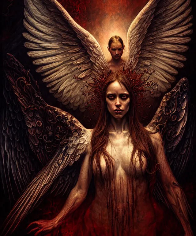 Image similar to epic professional digital art of angels and demons, horrific yet beautiful vibe, evocative, atmospheric lighting, painted, intricate, highly detailed, by leesha hannigan, wayne haag, reyna rochin, ignacio fernandez rios, mark ryden, iris van herpen, artstation, cgsociety, stunning, gorgeous, sharp focus, cinematic, masterpiece