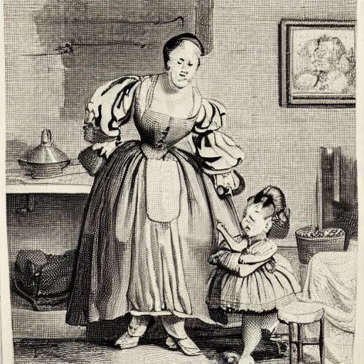 Image similar to Angry Housewife by William Hogarth, crosshatching