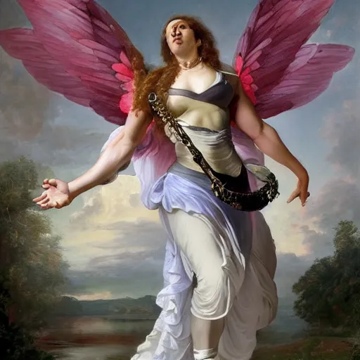 Image similar to Full body Portrait of Serena Williams in Nike gear as Nike Goddess, large wings, luxuriant, dreamy, eternity, romantic, strong pose, highly detailed, in the style of Franz Xaver Winterhalter, highly detailed, in the style of Aetherpunk