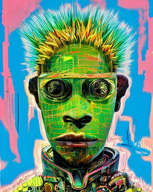 Prompt: a cyberpunk portrait of a green space alien by jean - michel basquiat, by hayao miyazaki by artgerm, highly detailed, sacred geometry, mathematics, snake, geometry, cyberpunk, vibrant, water