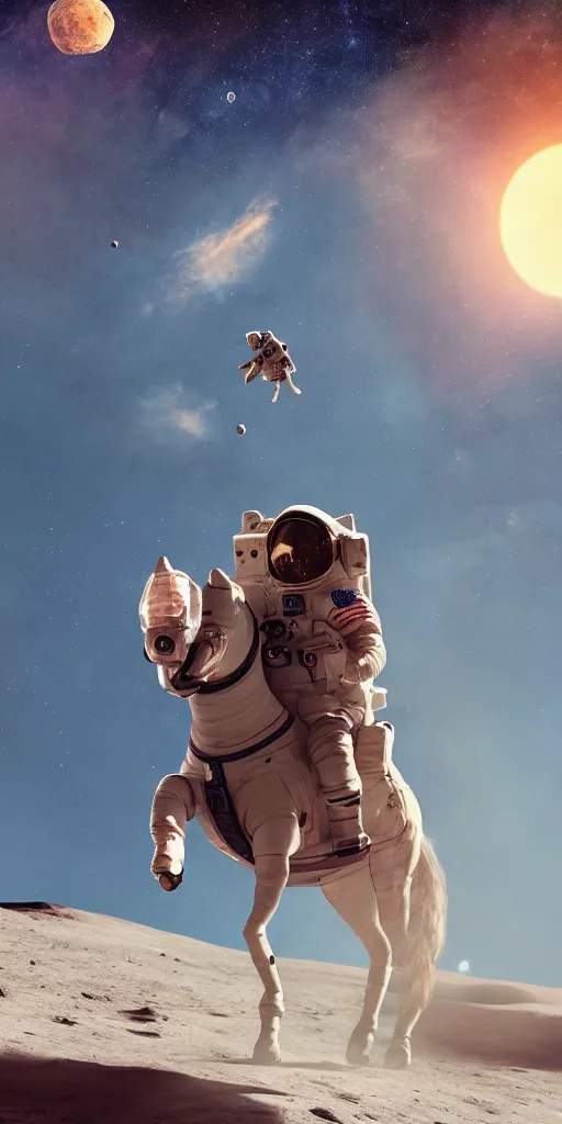 Image similar to professional photo of astronaut riding a horse on the moon, low angle shot, hyperrealistic masterpiece, trending on artstation, cgsociety, kodakchrome, golden ratio, cinematic, composition, beautiful lighting, hyper detailed, octane render, 4 k, unreal engine