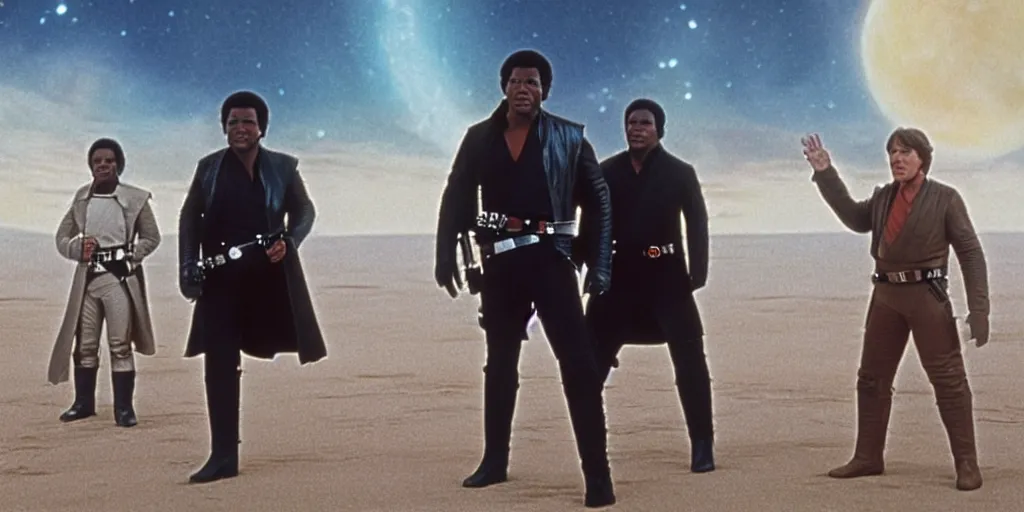 Image similar to screenshot of portrait Han Solo, Lando Calrissian and Luke Skywalker standing on an surreal minimalist a planet of maelstrom, the world without form, 1970s film by Stanley Kubrick, iconic scene, stunning cinematography, octane render, hyper-detailed, sharp, anamorphic lenses, kodak color, 4k, stunning