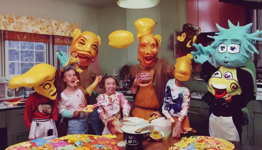 Image similar to 1 9 9 0 s candid 3 5 mm photo of a beautiful day in the family kitchen, cinematic lighting, cinematic look, golden hour, an absurd costumed mascot from the wacky giant face space club show is forcing the children to eat cereal, children are eating way too much cereal, uhd