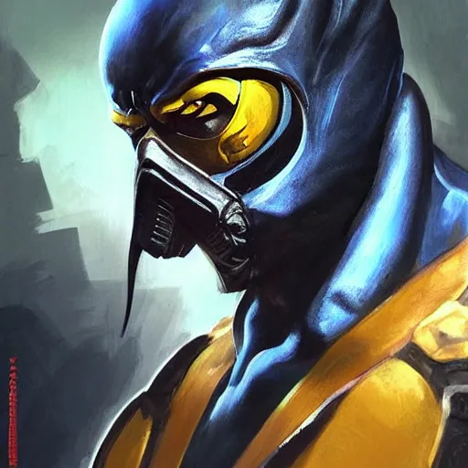 Image similar to greg manchess portrait painting of scorpion from mortal kombat as overwatch character, medium shot, asymmetrical, profile picture, organic painting, sunny day, matte painting, bold shapes, hard edges, street art, trending on artstation, by huang guangjian and gil elvgren and sachin teng