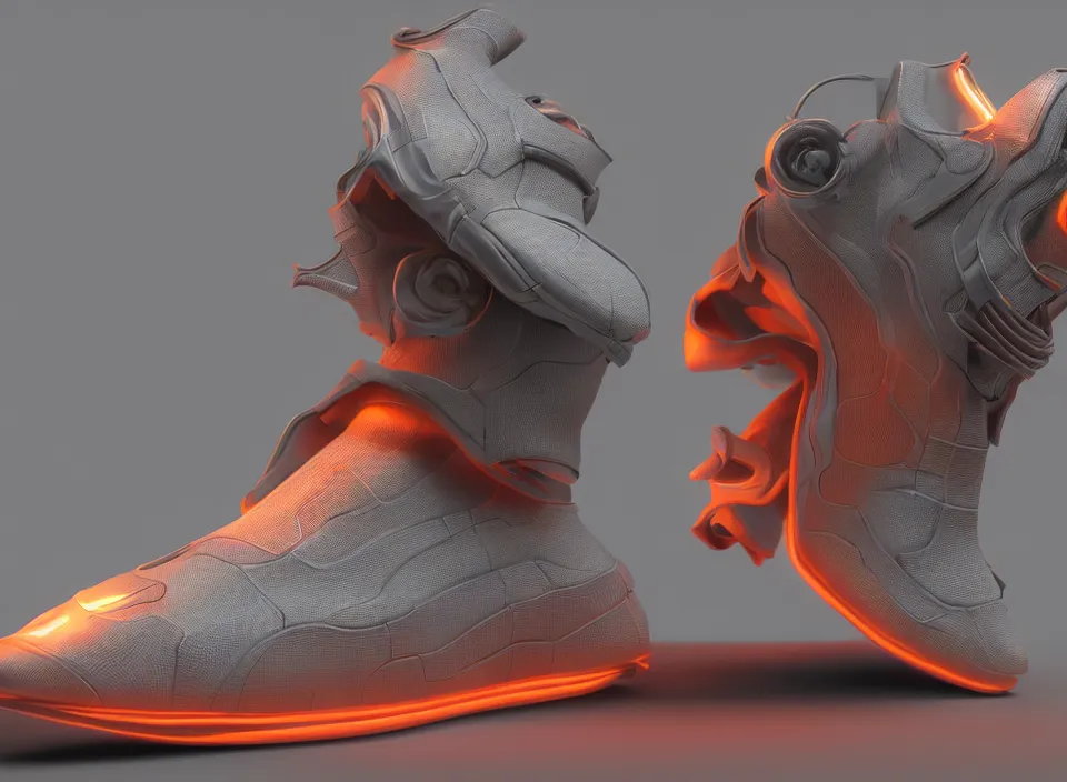 Prompt: realistic 8 k sculpture of 1 futuristic sneaker with neon illuminated rubber soles and soft orange shoelaces on a textured grey surface, clean 3 d render, beautiful studio lighting, soft, sharp focus, cyberpunk, intricate detail, gold and red accents, soft rubber, octane render, trending on artstation, deviantart, art by syd mead