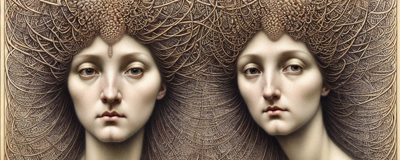 Image similar to hyperrealistic stunning goddess face portrait by jean delville, gustave dore, iris van herpen and marco mazzoni, art forms of nature by ernst haeckel, art nouveau, symbolist, masterpiece, visionary, gothic, neo - gothic, pre - raphaelite, fractal lace, intricate alien botanicals, ai biodiversity, surreality, hyperdetailed ultrasharp octane render