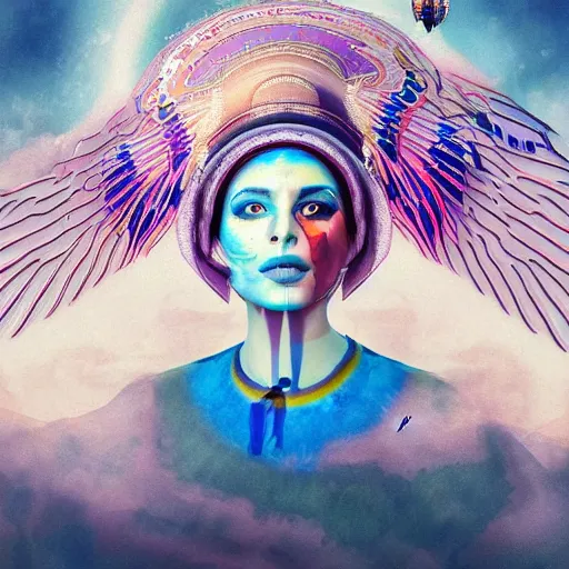 Prompt: beautiful painting of a bird-headed priestess suspended in the glitched sky in the style of Prateep Kochabua, Leonora Karrington, Welder Wings, Hervé Scott Flament, neosurreal digital art, detailed, trending on Artstation