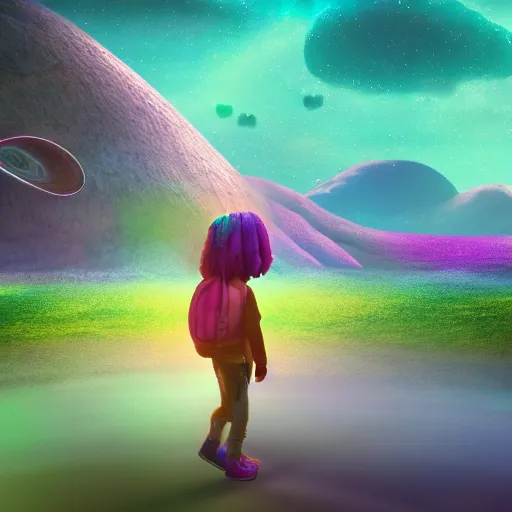 Image similar to weary traveller wandering through an alien world, by lisa frank, 4 k, beautiful, cinematic dramatic