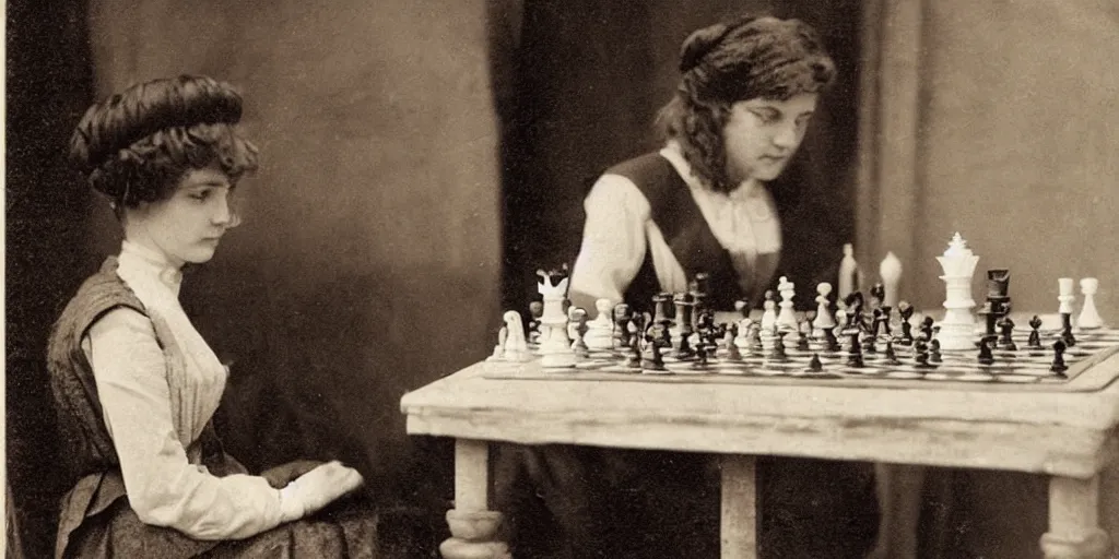 Image similar to a young edwardian woman playing chess against a rabbit