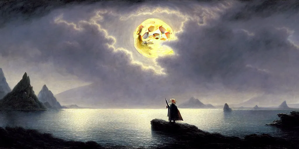 Image similar to a hobbit out at a lord of the rings scenery landscape, staring across the sea from the shore at a white timber sail boat leaving harbour, evening, highly detailed, vivid colour, soft clouds, full moon low in sky, cinematic lighting, perfect composition, gustave dore, derek zabrocki, greg rutkowski, belsinski